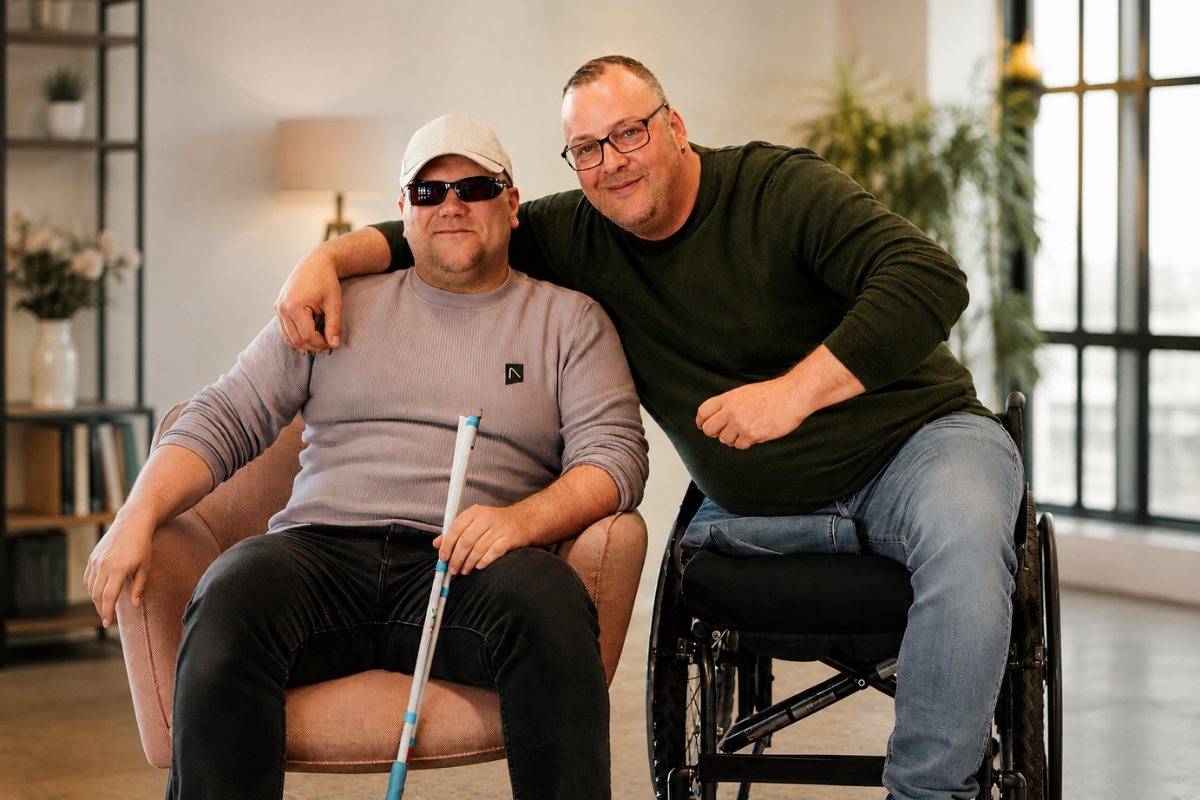 Zwei Männer sitzen nebeneinander und lächeln in die Kamera: einer mit weißem Blindenstock in einem Sessel, der andere mit dem Arm um ihn gelegt in einem Rollstuhl.